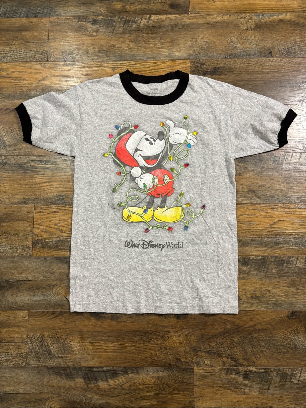 Disney Gray Ringer Tee with Black Trim and Festive Mickey Graphic